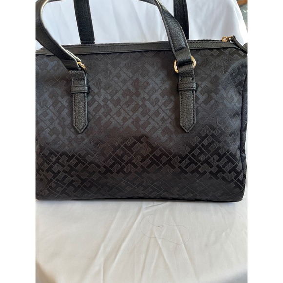 Tommy Hilfiger Black Signature Monogram Satchel Handbag Gold Hardware - Picture 8 of 9